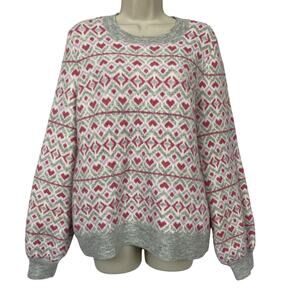 LOFT Sweater Womens Large Gray Pink Heart Fair Isle Balloon Sleeve Cozy Chunky